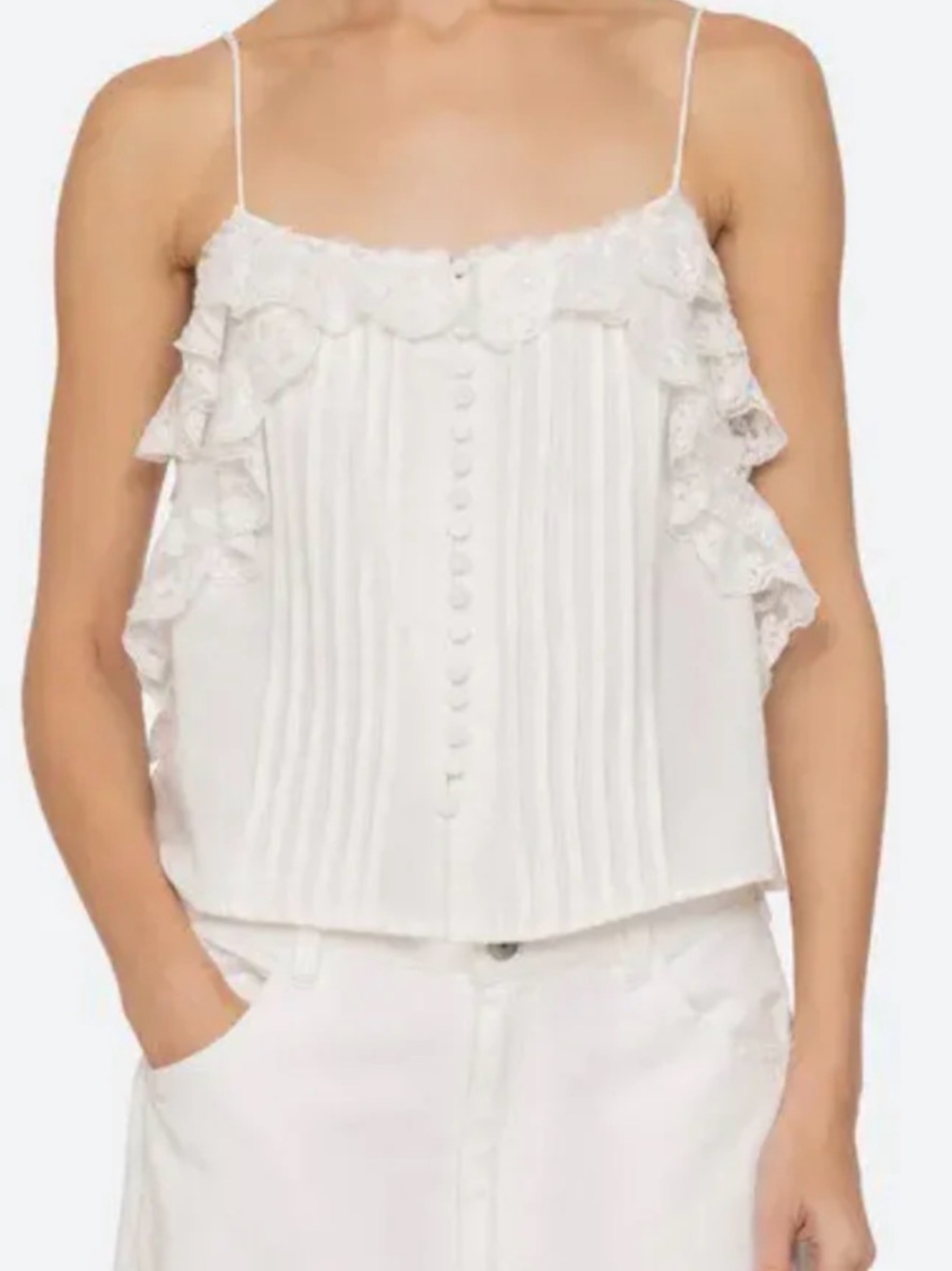 Sea New York White Ruffle-Trim Spaghetti Strap Top